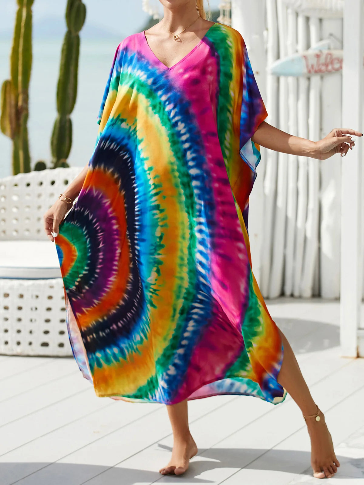 Colorful Kaftan Tunic Beach Cover Up Cover-ups Beach Dress Beach Wear Beachwear Loose Maxi Dress Female Women V4428