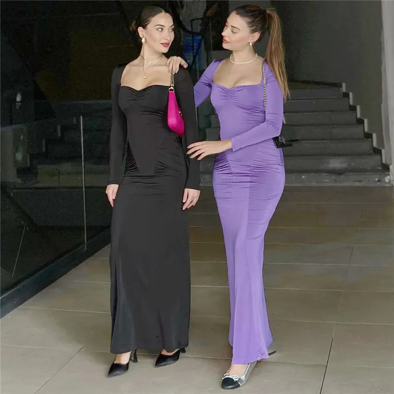 Square Collar Long Sleeve Sexy Long Dress For Women Gown Fashion Elegant Autumn Solid Bodycon Maxi Dress Clubwear