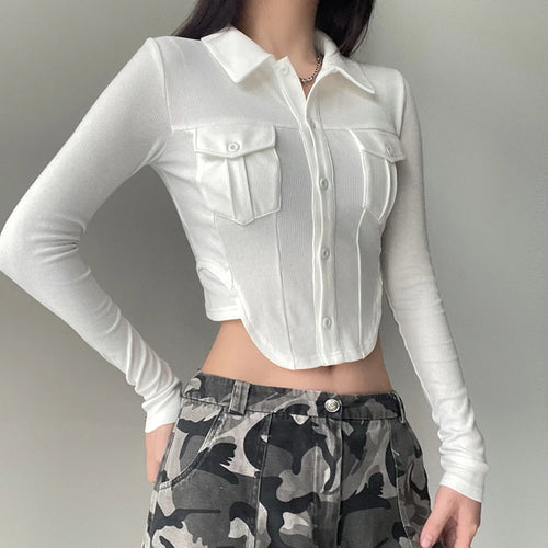 Load image into Gallery viewer, Casual White Knit Ribbed Bodycon Women Blouses Cargo Style Pockets Crop Top Autumn Shirt Slim Korean T-shirts Outfits
