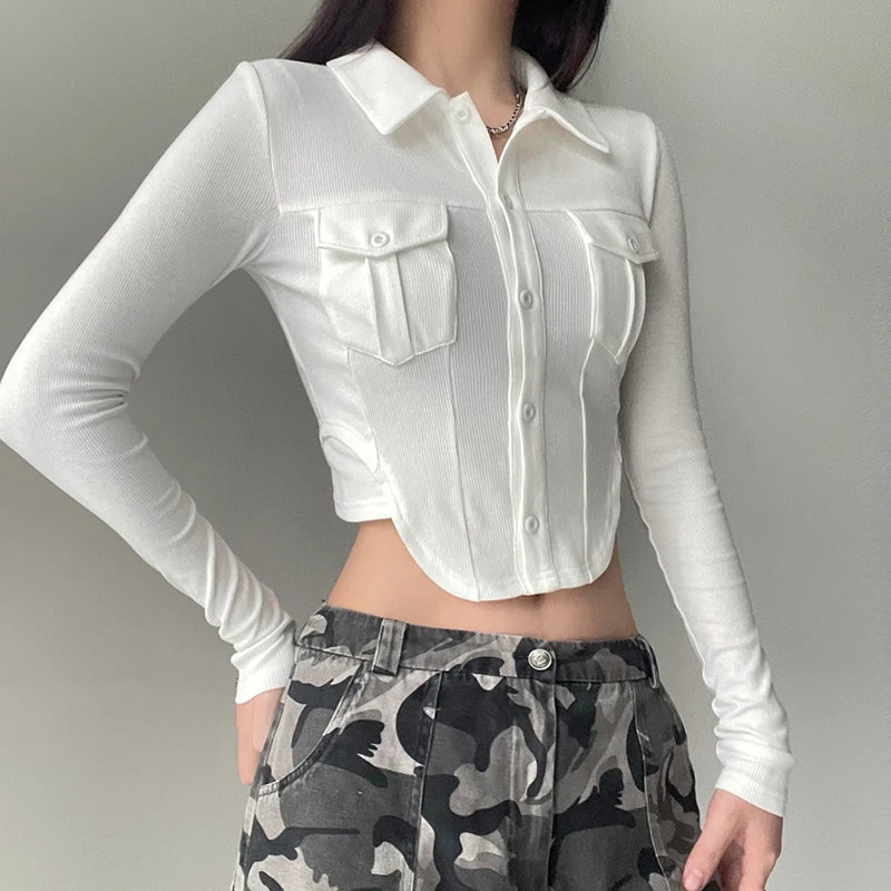 Casual White Knit Ribbed Bodycon Women Blouses Cargo Style Pockets Crop Top Autumn Shirt Slim Korean T-shirts Outfits