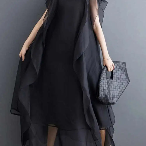 Load image into Gallery viewer, Women Black Ruffles Spliced Big Size Long Dress New Round Neck Short Sleeve Fashion Tide Spring Summer 2025 1DJ0327

