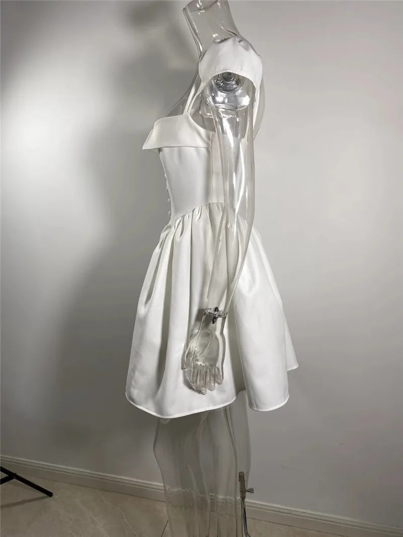 White Backless Sexy Mini Dress For Women Fashion Square Collar Short Sleeve High Waist A-line Club Party Sexy Dress