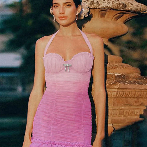 Load image into Gallery viewer, Gradient Folds Dress Women Halter Bandage Multilayer Ruffles Metal Trim Low-Neck Sleeveless Backless Summer Mini Bodycon
