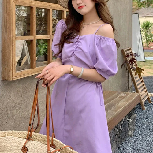 Load image into Gallery viewer, Hollow Shirring Elegant Female Dress Summer Puff Sleeve Pure Color Slash Neck Women&#39;s Dresses Fashion Streetwear Outfits
