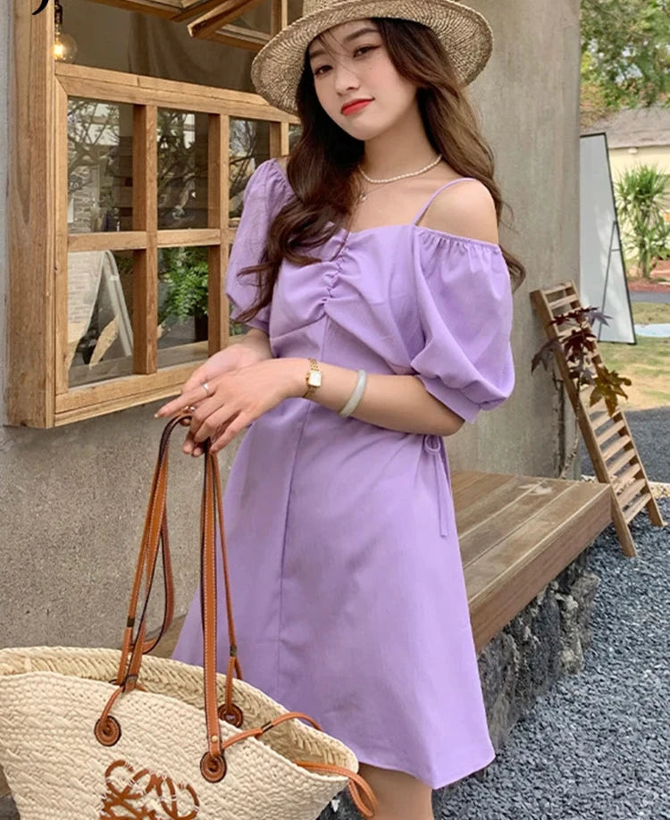 Hollow Shirring Elegant Female Dress Summer Puff Sleeve Pure Color Slash Neck Women's Dresses Fashion Streetwear Outfits