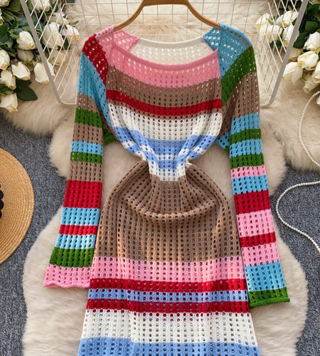 Korean 2025 Spring New Elegant Rainbow Stripe Long Sleeves Knitted Dresses Women Round Neck Hollow Out Vacation Midi Dress Trend