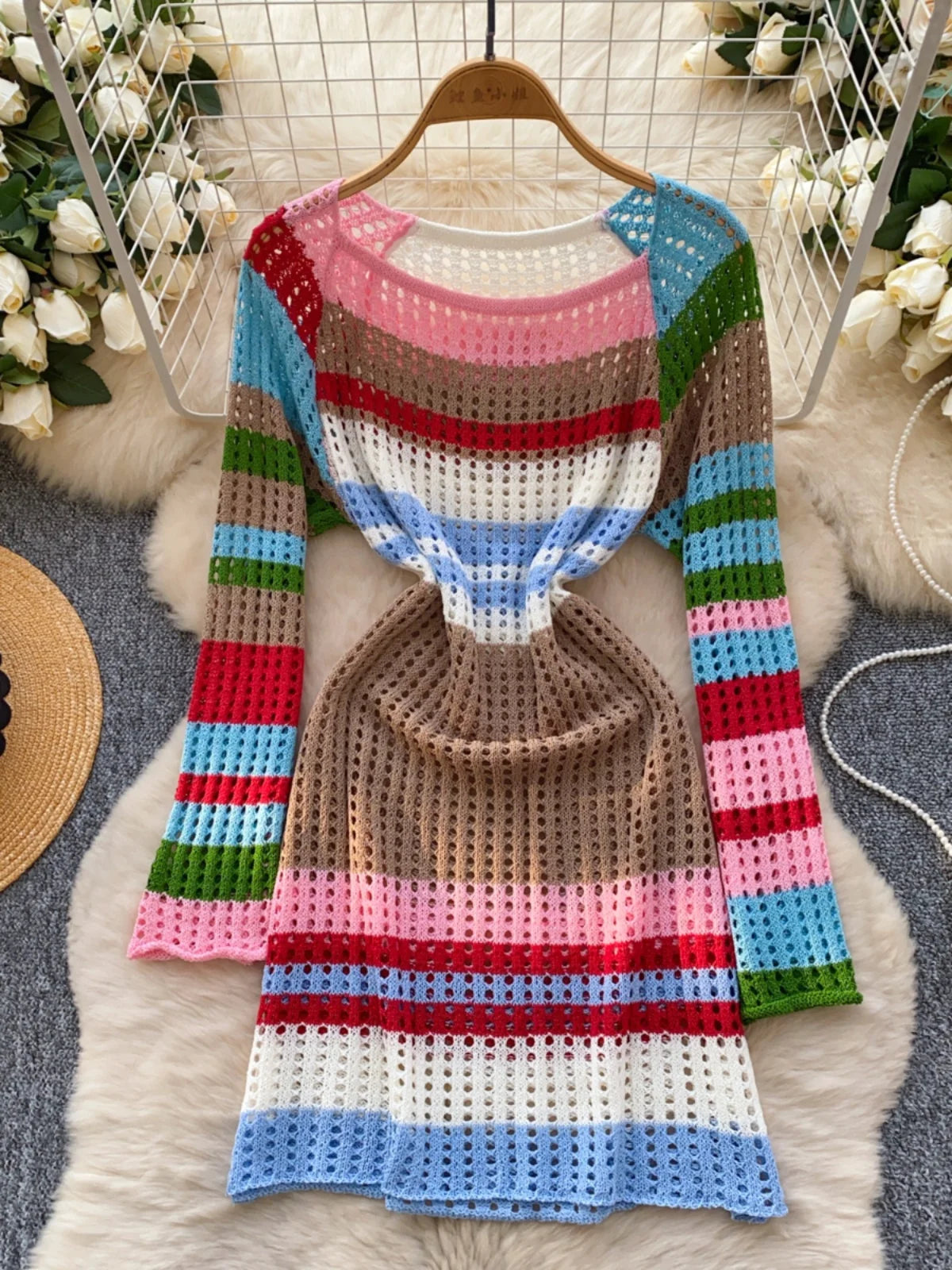 Korean 2025 Spring New Elegant Rainbow Stripe Long Sleeves Knitted Dresses Women Round Neck Hollow Out Vacation Midi Dress Trend