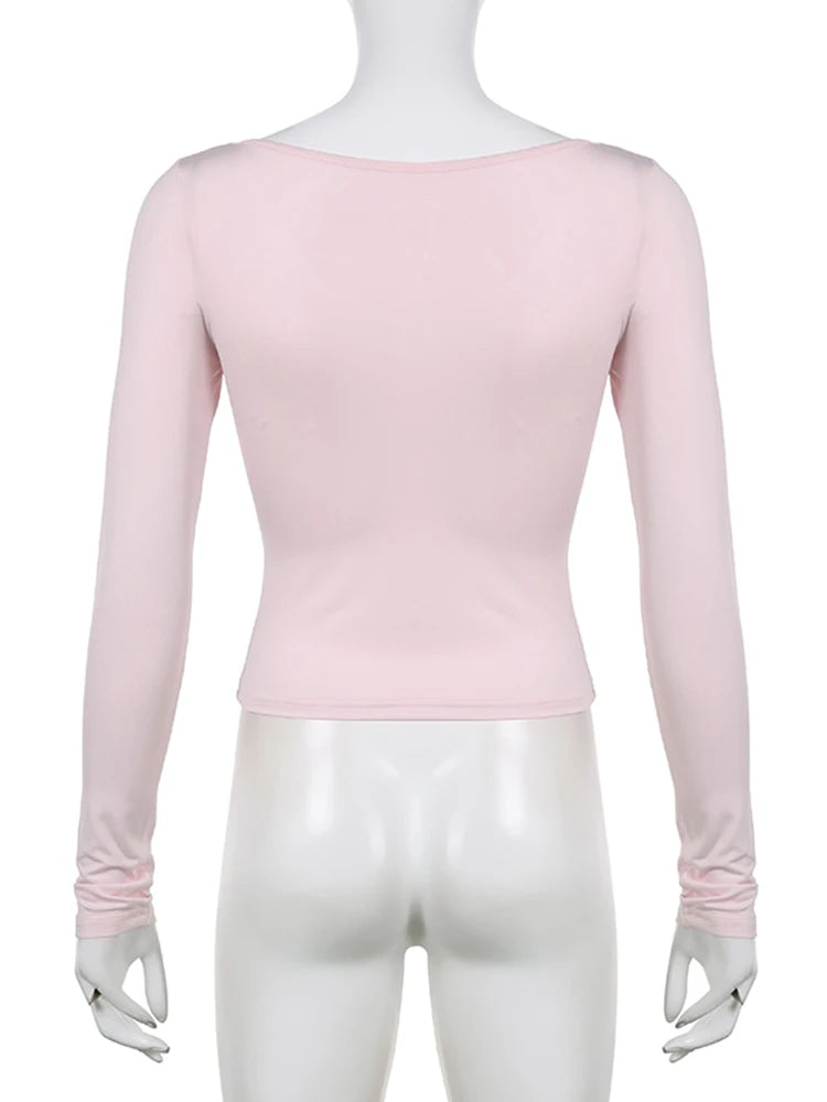 Pink Y2K Top Sweet Basic Slim Women's T-shirts Balletcore Korean Fashion Tie Up Tee Tee Shirt Outfits Chic Casual