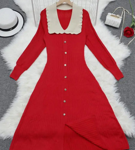 Vintage Autumn 2024 New Women's Patchwork Single Breasted Knit Dresses French Elegant Festival Slim Long Sleeve Dress Streetwear