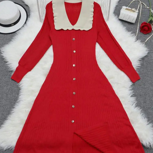 Load image into Gallery viewer, Vintage Autumn 2024 New Women's Patchwork Single Breasted Knit Dresses French Elegant Festival Slim Long Sleeve Dress Streetwear
