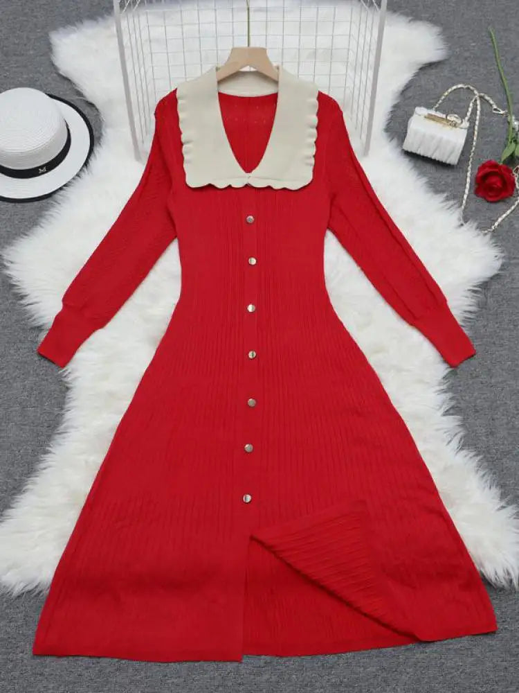 Vintage Autumn 2024 New Women's Patchwork Single Breasted Knit Dresses French Elegant Festival Slim Long Sleeve Dress Streetwear