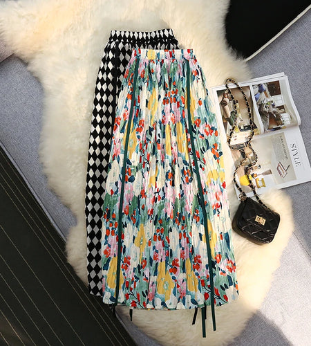 Vintage Print Skirts Womens Summer Elastic High Waist A-line Skirt Female All-match Fashion Elegant Slim Midi Skirt Ladies