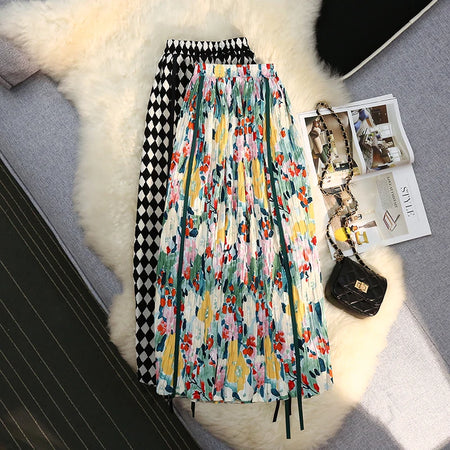 Vintage Print Skirts Womens Summer Elastic High Waist A-line Skirt Female All-match Fashion Elegant Slim Midi Skirt Ladies