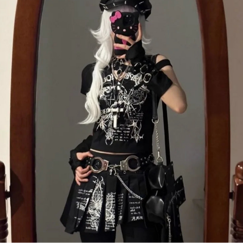 Load image into Gallery viewer, Harajuku Y2k Tshirts for Women Fashion Japanese Camisetas Black Punk Skull Tees Crop Tops Skew Collar Tunic Off Shoulder T-shirt
