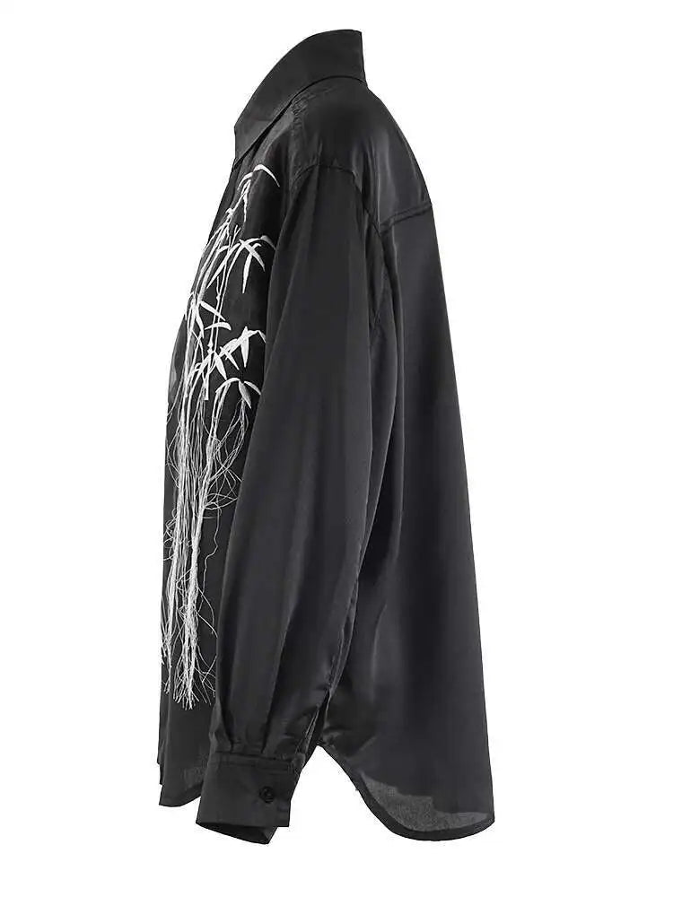 Women Black Embroidery Tassels Big Size Elegant Blouse New Lapel Long Sleeve Shirt Fashion Tide Spring Autumn 2025 CPG2149