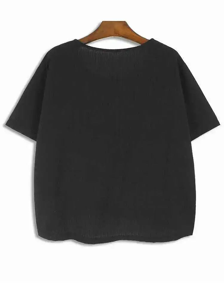 Women Yellow Irregular Pleated Big Size Casual T-shirt New Round Neck Short Sleeve Fashion Tide Spring Summer 2025 1DH5679