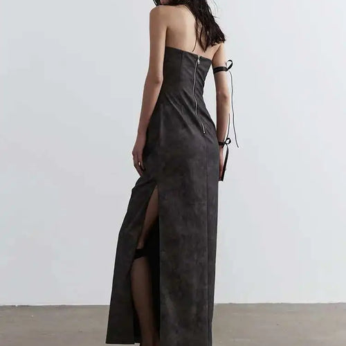 Load image into Gallery viewer, Women Gray Shaped Pleated Pu Leather Long Elegant Strapless Dress New Sleeveless Fashion Tide Spring Autumn 2025 1DH4724
