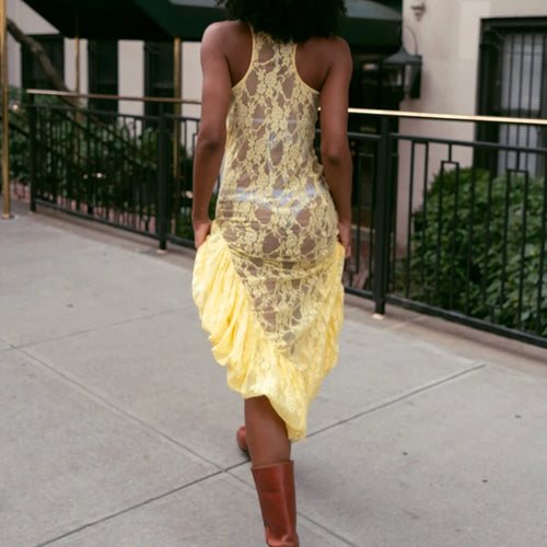 Load image into Gallery viewer, Lace See Through Ruffle Sexy Midi Dress Women Gown Summer Fashion High Waist Slim Thigh High Split Elegant Long Dress
