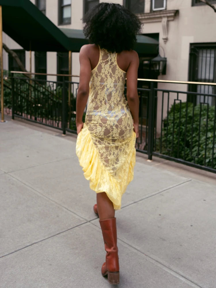 Lace See Through Ruffle Sexy Midi Dress Women Gown Summer Fashion High Waist Slim Thigh High Split Elegant Long Dress