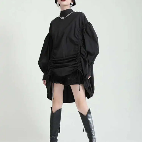 Load image into Gallery viewer, Women Balck Irregular Drawstring Big Size Dress New Stand Collar Long Sleeve Loose Fit Fashion Spring Autumn 2025 1Z18901
