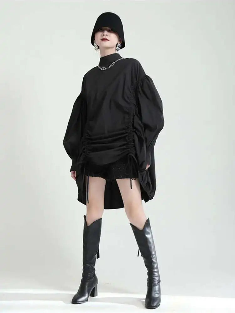 Women Balck Irregular Drawstring Big Size Dress New Stand Collar Long Sleeve Loose Fit Fashion Spring Autumn 2025 1Z18901