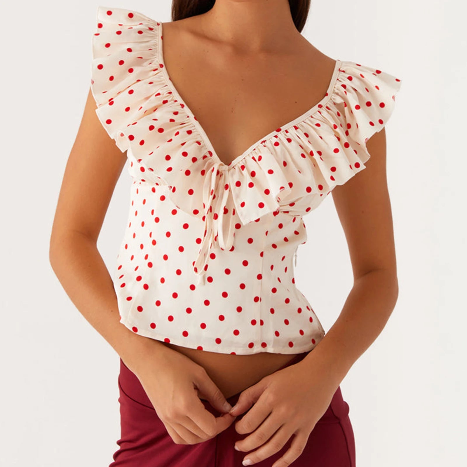 Polka Dot Crop Tops Summer Women Clothes Print Bow V Neck Short Sleeve Ruffle Trim T Shirts 2000s Clothing Streetwear