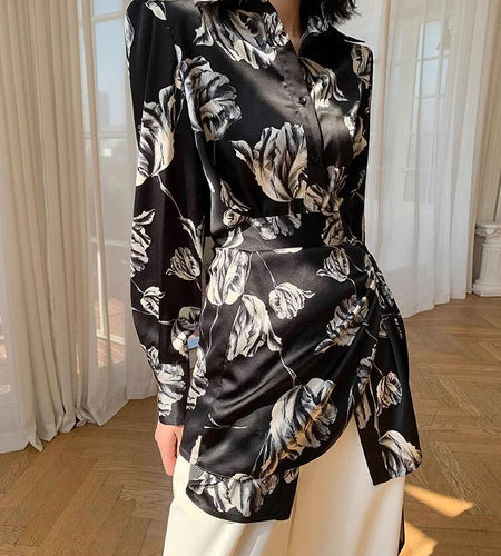 Colorblock Printing Blouses For Women V Neck Long Sleeves Patchwork Single Breasted Temperament Blouse Female