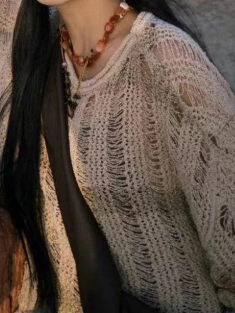 Autumn Streetwear Y2k Aesthetic Grunge Pullovers Vintage Solid Harajuku Grunge Jumpers Loose Knitted Women Hollow Out Sweaters