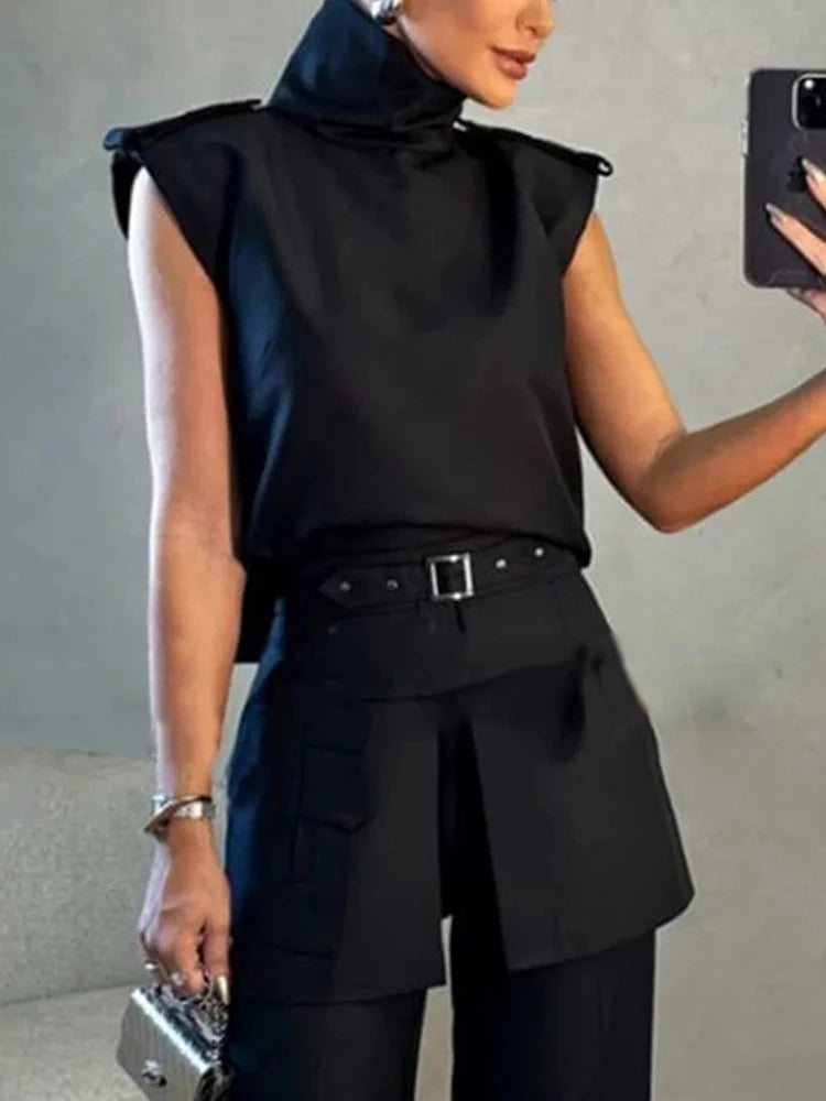 Office Elegant Sets Women Stand Collar Sleeveless Spliced Belt Hollow Out Top High Waist Wide Leg Pant Slim Set Female New