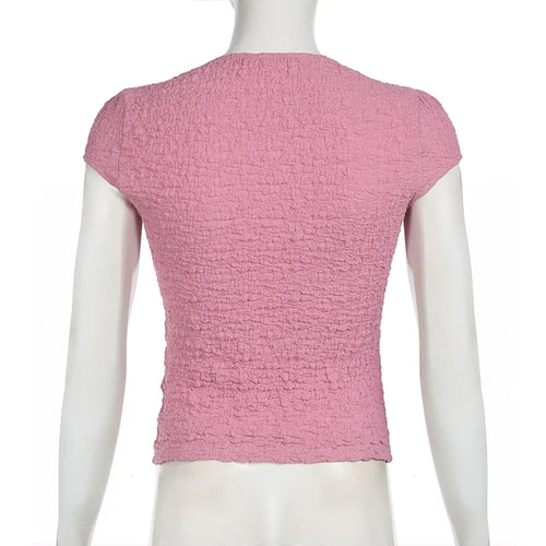 Load image into Gallery viewer, Hotsweet Pink Skinny Women T-shirts Tie-Up Lace Patchwork Y2K Top Cute Coquette Texture Summer Tees Wrinkled Outfits
