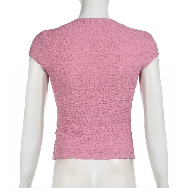 Hotsweet Pink Skinny Women T-shirts Tie-Up Lace Patchwork Y2K Top Cute Coquette Texture Summer Tees Wrinkled Outfits