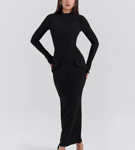 Black Long Sleeve Sexy Maxi Dress For Women Autumn Winter New O Neck Two Pocket Back Split Bodycon Long Dress Elegant