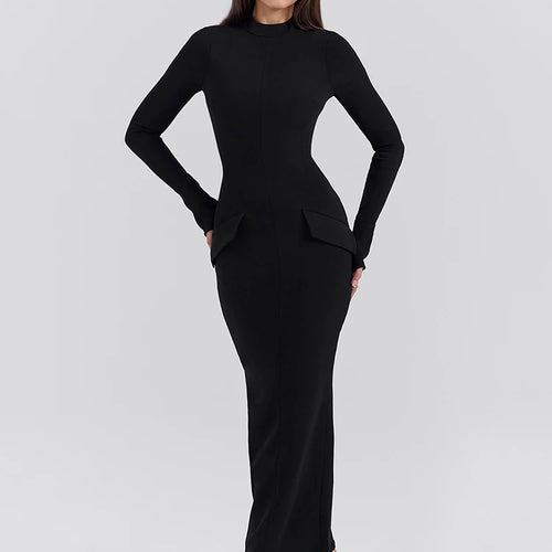 Load image into Gallery viewer, Black Long Sleeve Sexy Maxi Dress For Women Autumn Winter New O Neck Two Pocket Back Split Bodycon Long Dress Elegant
