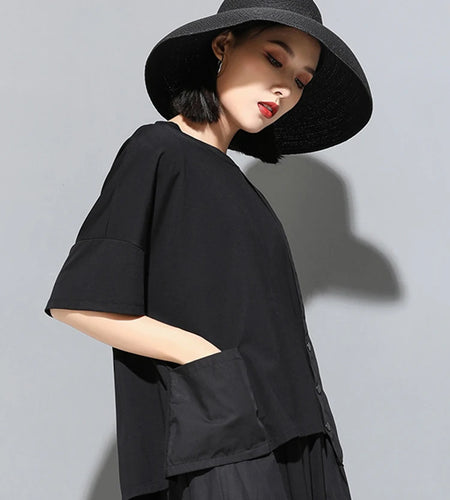 Women Black Pocket Irregular Spliced Big Size T-shirt New Round Neck Short Sleeve Fashion Tide Spring Summer 2025 1DJ1740