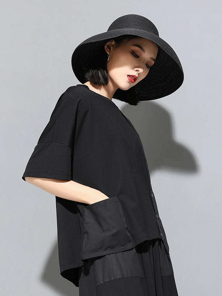 Women Black Pocket Irregular Spliced Big Size T-shirt New Round Neck Short Sleeve Fashion Tide Spring Summer 2025 1DJ1740