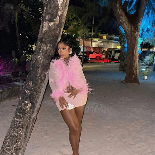 Load image into Gallery viewer, Sexy 2-Piece Set Women Patchwork Faux Fur Collar Tops+Mini Hip-Wrapping Skirt Slim Midnight Street Fashion Matching Suits
