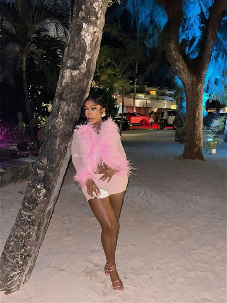 Sexy 2-Piece Set Women Patchwork Faux Fur Collar Tops+Mini Hip-Wrapping Skirt Slim Midnight Street Fashion Matching Suits