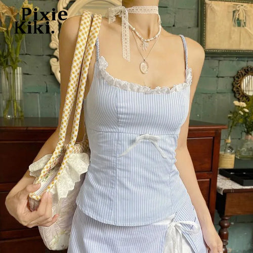 Load image into Gallery viewer, Blue Striped Tanks &amp; Camis Y2k Clothing 2000s Summer Bow Lace Trim Backless Tank Tops for Women P67-BG12
