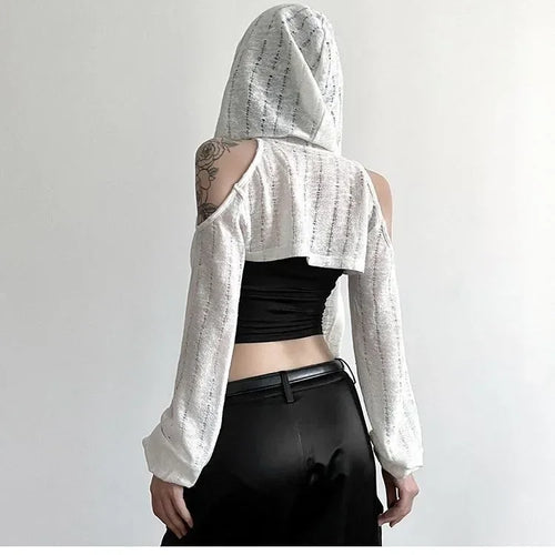 Load image into Gallery viewer, 2025 Long Sleeve Hooded T-shirts Off Shoulder Sexy Harajuku Tshirts Women Y2k Aesthetic Grunge Streetwear Crop Top Thin Cardigan
