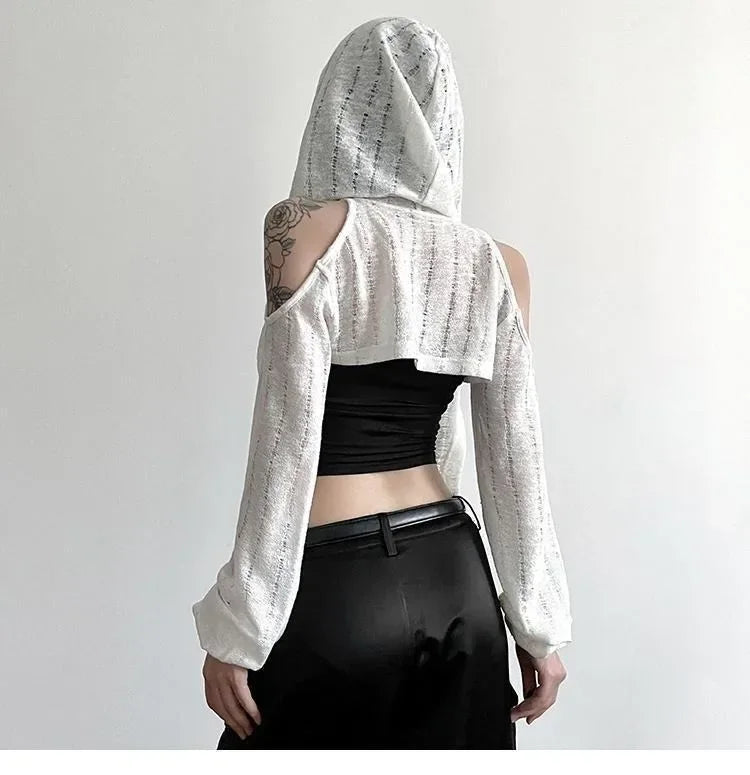 2025 Long Sleeve Hooded T-shirts Off Shoulder Sexy Harajuku Tshirts Women Y2k Aesthetic Grunge Streetwear Crop Top Thin Cardigan
