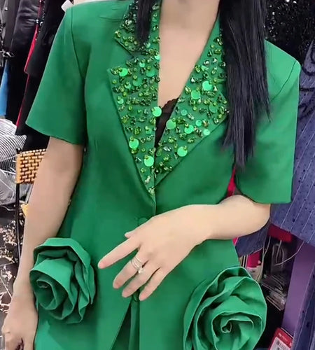 Solid Two Piece Set For Women  Lapel Short Sleeve Coat High Waist Loose Pant Spliced Appliques Sets Female Style