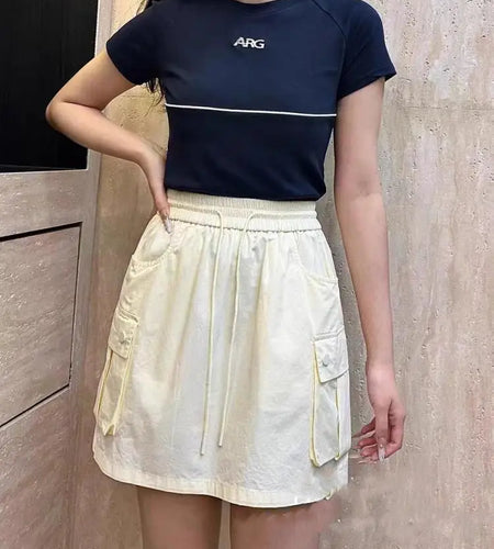 Korean Version Women Solid Drawstring Elastic Waist Lace-up Slim High Waist Work Short Skirt Summer Versatile Pockets Mini Skirt