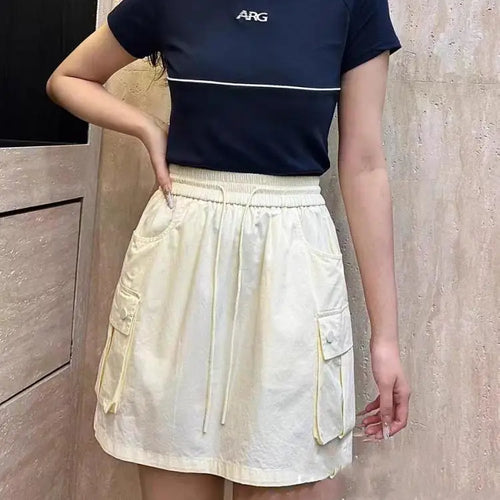 Load image into Gallery viewer, Korean Version Women Solid Drawstring Elastic Waist Lace-up Slim High Waist Work Short Skirt Summer Versatile Pockets Mini Skirt
