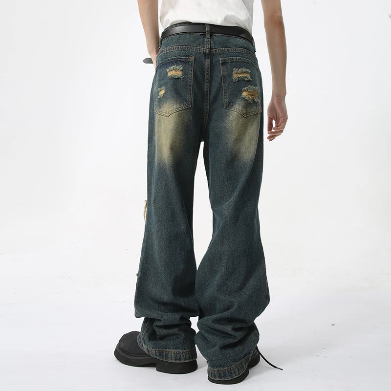 Men's Straight Leg Jeans 2024 Summer New Ragged Edge Splicing Design High Street Fashion Personality Male Denim Pants C5823