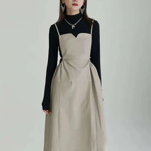 Load image into Gallery viewer, Women Apricot PU Leather Big Size Spaghetti Strap Dress New Square Collar Loose Fit Fashion Spring Autumn 2025 1DF4804
