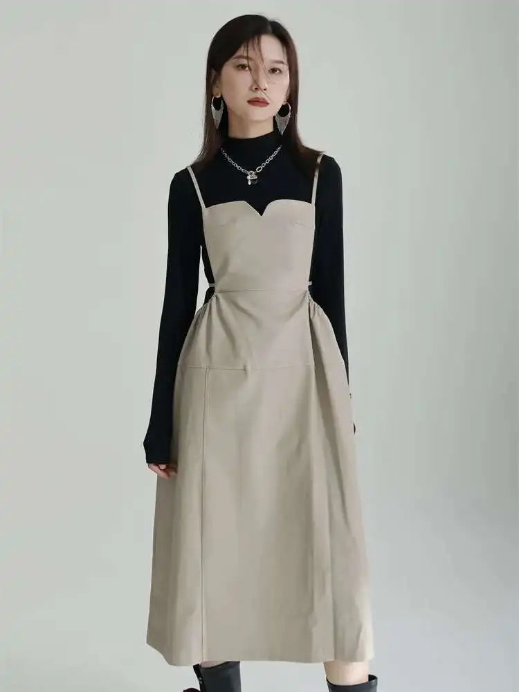 Women Apricot PU Leather Big Size Spaghetti Strap Dress New Square Collar Loose Fit Fashion Spring Autumn 2025 1DF4804