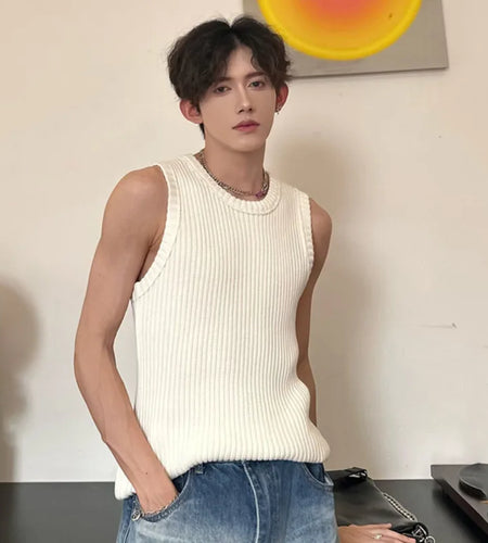 Korean Style Summer Men's Tank Tops Minimalist Loose Solid Color Sleeveless Knitting Male Fashion Top Trend 9C6076