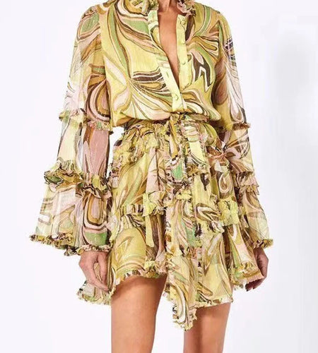 Print Colorblock Vintage Dress For Women V Neck Long Sleeve Patchwork Edible Tree Fungus Mini Dresses Female Fashion Clothes