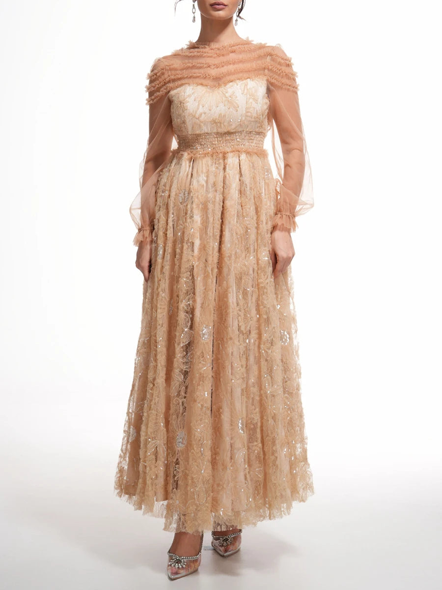 Hit Color Spliced Mesh Long Dresses For Women O Neck Long Sleeve High Waist Temperament Dress Female Fashion New