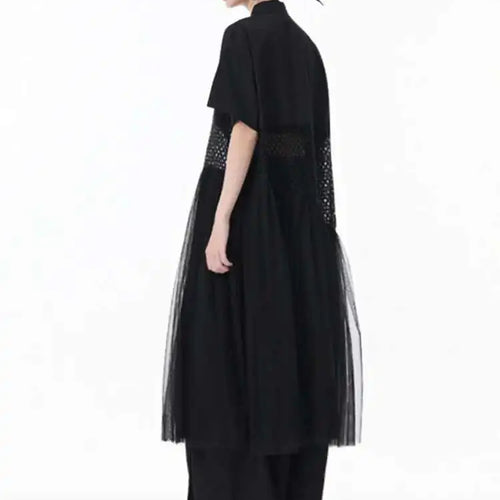 Load image into Gallery viewer, Women White Mesh Color-block Big Size Midi Shirt Dress New Lapel Short Sleeve Fashion Tide Spring Summer 2025 1DJ0045
